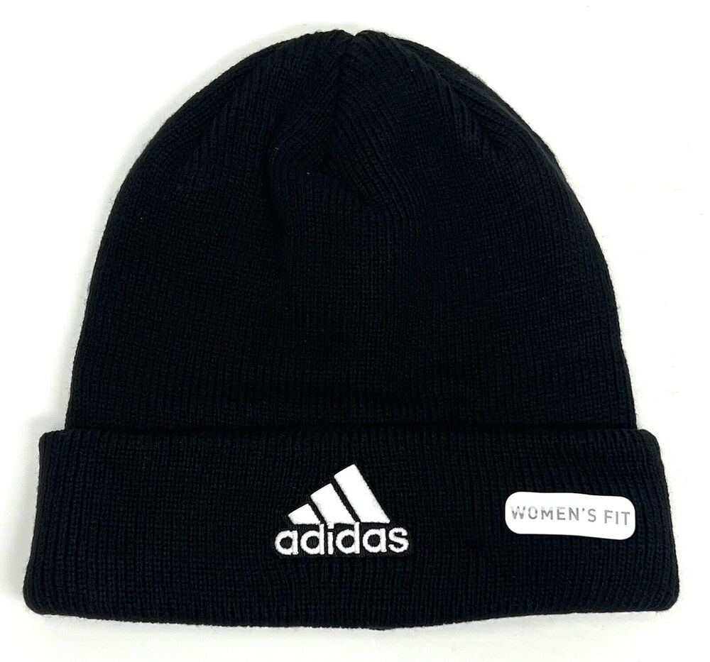 Womens Adidas Winter Hat Stocking Cap Fold Over Knit Beanie Black White